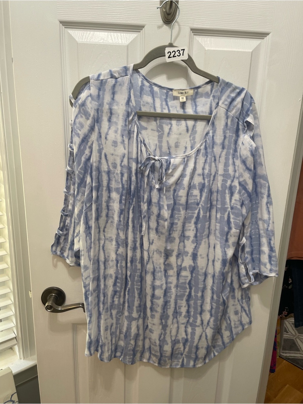 Cato Blue and White Tie-Dye Peasant Blouse with Front Tie